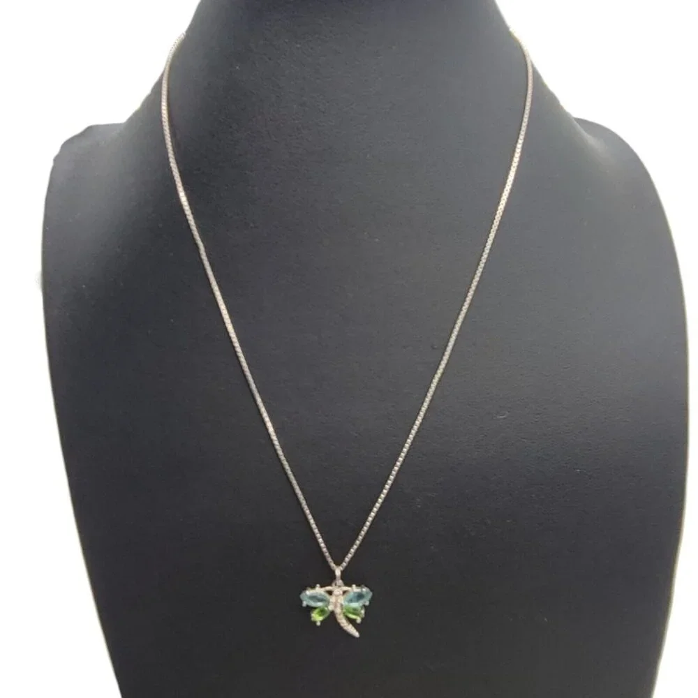 Swarovski Crystal Dragonfly Pendant Necklace 925 Sterling Silver 18" Chain Blue - Picture 3 of 10